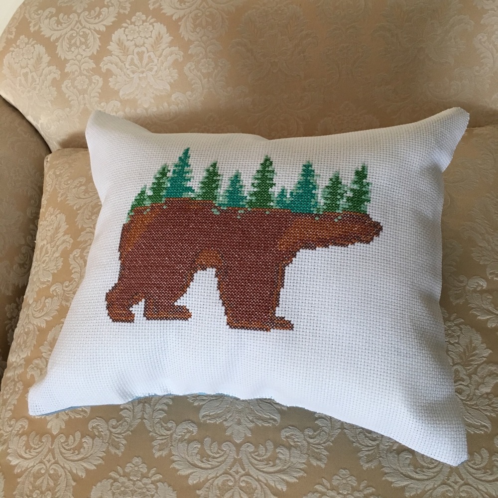 NEW hand sewn bear & evergreen pillow cross stitch